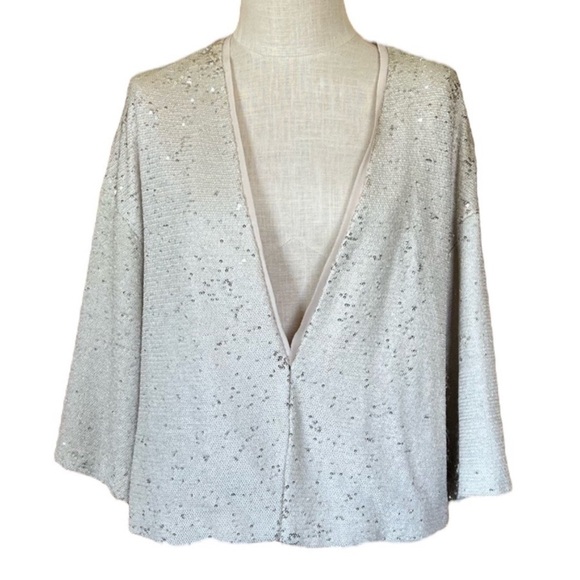 Zara Basic Size Large Cream Sequin Elbow Length Jacket Blazer Neutral Wedding - Picture 2 of 11